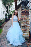 Fashion Two Pieces Light Blue Lace Tulle Ruffles A-line Prom Dress For Teens HZ0527