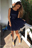 Popular Round Neck Sleeveless Sequins Elegant Dark Blue Homecoming Dresses HZ0527