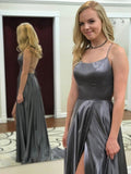 Grey Spaghetti Strap A Line Prom Dress Sexy Long Split Evening Dresses HZ0527