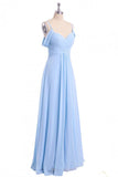 Chiffon Sky Blue Long Bridesmaid Dress, Off Shoulder Spaghetti Prom Dress HZ0527