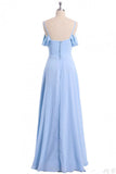 Chiffon Sky Blue Long Bridesmaid Dress, Off Shoulder Spaghetti Prom Dress HZ0527