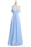 Chiffon Sky Blue Long Bridesmaid Dress, Off Shoulder Spaghetti Prom Dress HZ0527