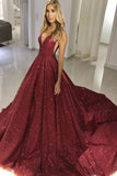 Sparkly V-Neck Sleeveless Long Burgundy Prom Dress with Sequin Evening Dress HZ0527