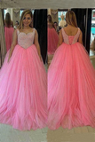 Pink Tulle Beading Lace Up Back Long Ball Gown Plus Size Prom Dress HZ0527