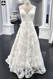 Promfast A Line V Neck White Floral Lace Wedding gown online, Cheap prom dress,White Evening Dresses HZ0527