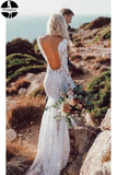 Promfast 2025 Cheap Long Sleeve Lace Wedding Dress, V Neck Boho Wedding Dresses HZ0527