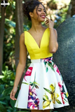 Promfast A Line Yellow V Neck Floral Print Homecoming Dresses, Short Prom Dress HZ0527