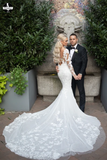 Promfast Long Sleeve Elegant Lace Mermaid Tulle Wedding Dresses for Sale HZ0527