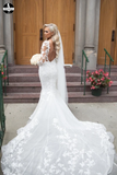 Promfast Long Sleeve Elegant Lace Mermaid Tulle Wedding Dresses for Sale HZ0527