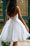 Promfast A Line V Neck Ivory Appliques Beads Short Wedding Dresses HZ0527
