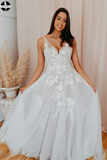 Promfast A-line V Neck Soft Tulle Lace Appliques Romantic Wedding Dress HZ0527