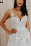 Promfast A-line V Neck Soft Tulle Lace Appliques Romantic Wedding Dress HZ0527