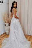 Promfast A-line V Neck Soft Tulle Lace Appliques Romantic Wedding Dress HZ0527