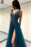 Promfast A-line Prom Dresses Deep V Blue Tulle Modest Long Prom Dress HZ0527