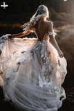 Promfast Romantic Appliques Floral Backless Lace Wedding Dress Sexy Tulle Boho Bridal Gown HZ0527