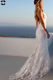 Promfast Sexy Backless Off White Mermaid Lace V Neck Wedding Dresses, Long Prom Dresses HZ0527