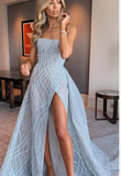 A-line Strapless Sky Blue Long Prom Dresses Unique Long Evening Dress HZ0527