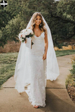 Promfast Rose Lace Sheath Wedding Dresses Spaghetti Strap Boho Beach Wedding Dress HZ0527