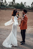 Promfast Backless Batwing Sleeve Boho Wedding Dresses Mermaid Rustic Wedding Dress HZ0527