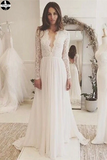 Promfast Chic A-line Wedding Dresses Long Sleeve V neck Romantic Wedding Dress With Lace HZ0527