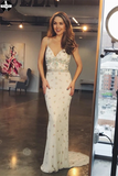 Promfast Sheath/Column Prom Dress Spaghetti Straps V-neck Beaded Formal Evening Gowns HZ0527