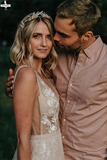 Promfast Attractive V neck Appliques A Line Rustic Backless Wedding Dress HZ0527