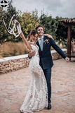 Promfast Stunning Lace Appliques See Though Mermaid/Turmpet Wedding Dress Backless Rustic Wedding with Sleeves Gowns HZ0527