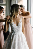 Promfast Vintage Lace Wedding Gowns See Through Illusion Neck Wedding Dresses HZ0527