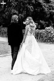 Promfast Vintage Lace Wedding Gowns See Through Illusion Neck Wedding Dresses HZ0527