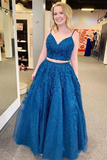 Promfast Mykonos Blue Sparkly Two Pieces Appliqued Spaghetti Straps Prom Dress HZ0527
