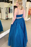 Promfast Mykonos Blue Sparkly Two Pieces Appliqued Spaghetti Straps Prom Dress HZ0527