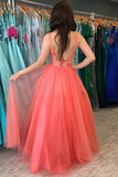 Promfast A Line V Neck Backless Coral Lace Long Prom Dresses, Formal Dresses HZ0527