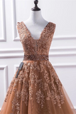 Promfast Champagne V Neck Lace Long Prom Dresses, Lace Formal Dresses, Evening Dress HZ0527