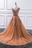Promfast Champagne V Neck Lace Long Prom Dresses, Lace Formal Dresses, Evening Dress HZ0527