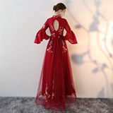 Promfast A line V neck Chic Tulle Burgundy Applique Long Prom Dress Evening Dress HZ0527