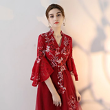 Promfast A line V neck Chic Tulle Burgundy Applique Long Prom Dress Evening Dress HZ0527