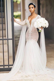 Promfast Sparkly Long Sleeves Wedding Dresses Romantic Beading Mermaid Bridal Gown Wedding Gown HZ0527