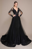 Promfast Black Evening Dresses, Deep V Neck Lace Appliqued Sweep Train Long Sleeve Prom Dress HZ0527
