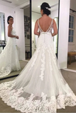 Promfast Spaghetti Strap Printed Backless Lace Beach Wedding Dresses with Sash HZ0527
