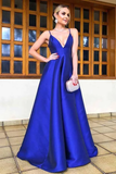 Promfast A Line Simple Spaghetti Straps Royal Blue Floor Length Satin Prom Dress HZ0527
