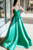 Promfast Simple V Neck Green Satin Long Prom Dresses, V Neck Green Formal Graduation Evening Dresses HZ0527
