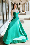 Promfast Simple V Neck Green Satin Long Prom Dresses, V Neck Green Formal Graduation Evening Dresses HZ0527
