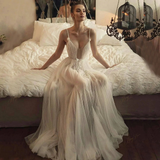 Promfast Beaded Tulle Skirt Spaghetti Straps Long Wedding Gown Beach A line Illusion Women Bridal Dress HZ0527