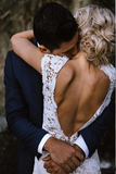 Promfast Ivory Lace Mermaid Cap Sleeves Long Wedding Dresses, Bridal Dresses HZ0527