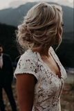 Promfast Ivory Lace Mermaid Cap Sleeves Long Wedding Dresses, Bridal Dresses HZ0527