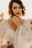 Promfast Wonderful Long sleeves Illusion V neck Lace Wedding Dresses A Line Backless Bridal Gowns HZ0527
