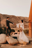 Promfast Wonderful Long sleeves Illusion V neck Lace Wedding Dresses A Line Backless Bridal Gowns HZ0527
