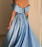 Promfast Stunning Sky Baby Blue off the Shoulder Pocket A Line Satin Prom Long Graduation Party Dress HZ0527