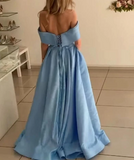 Promfast Stunning Sky Baby Blue off the Shoulder Pocket A Line Satin Prom Long Graduation Party Dress HZ0527