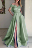 Promfast Stunning Sky Baby Blue off the Shoulder Pocket A Line Satin Prom Long Graduation Party Dress HZ0527
